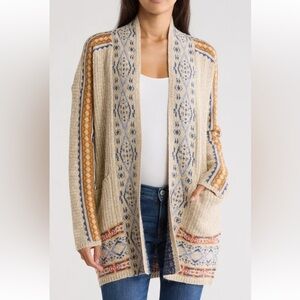 NWOT LUCKY BRAND BEIGE AZTEC GEOMETRIC POCKET CARDIGAN SWEATER